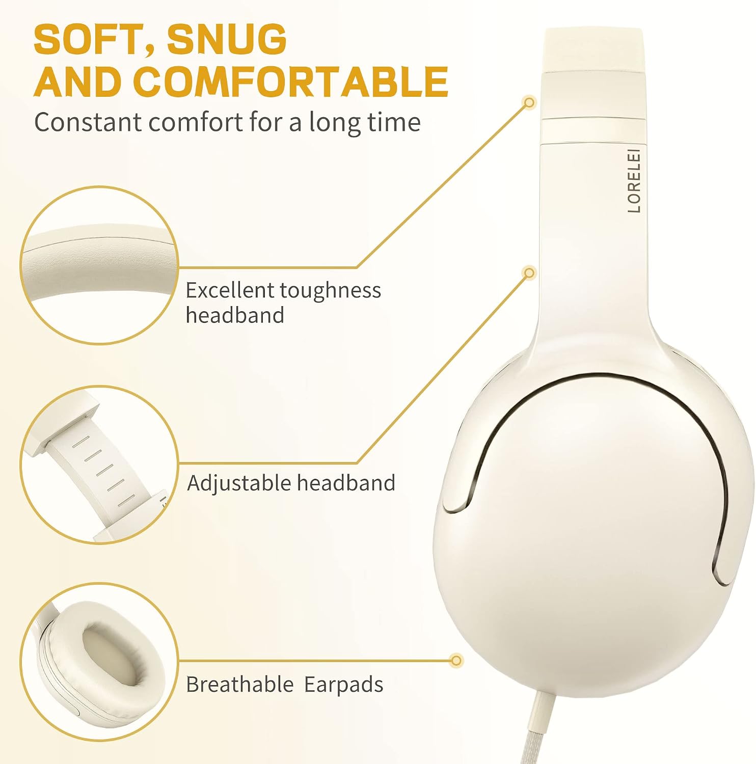 LORELEI E5 Wired Headphones for Kids Foldable & 3.5mm Jack Tangle Free Nylon Wire Stereo On Ear Headsets for Kids/Children/School/Tablet/Ipad/Kiddle/Plane (Beige White)