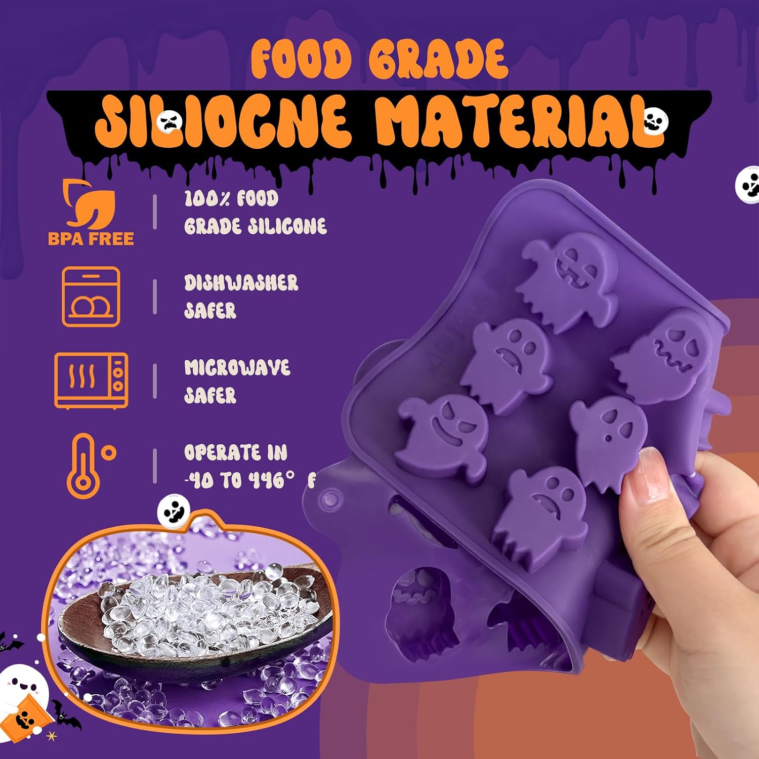 Pumpkin & Ghost Candy Silicone Molds for Halloween Small Chocolate, Wax Melts, Cake Decoration 15 Cavity Food Grade Bpa Free for Kids, Oven Safe DIY Homemade Mould Treat or Trick -4 PCS
