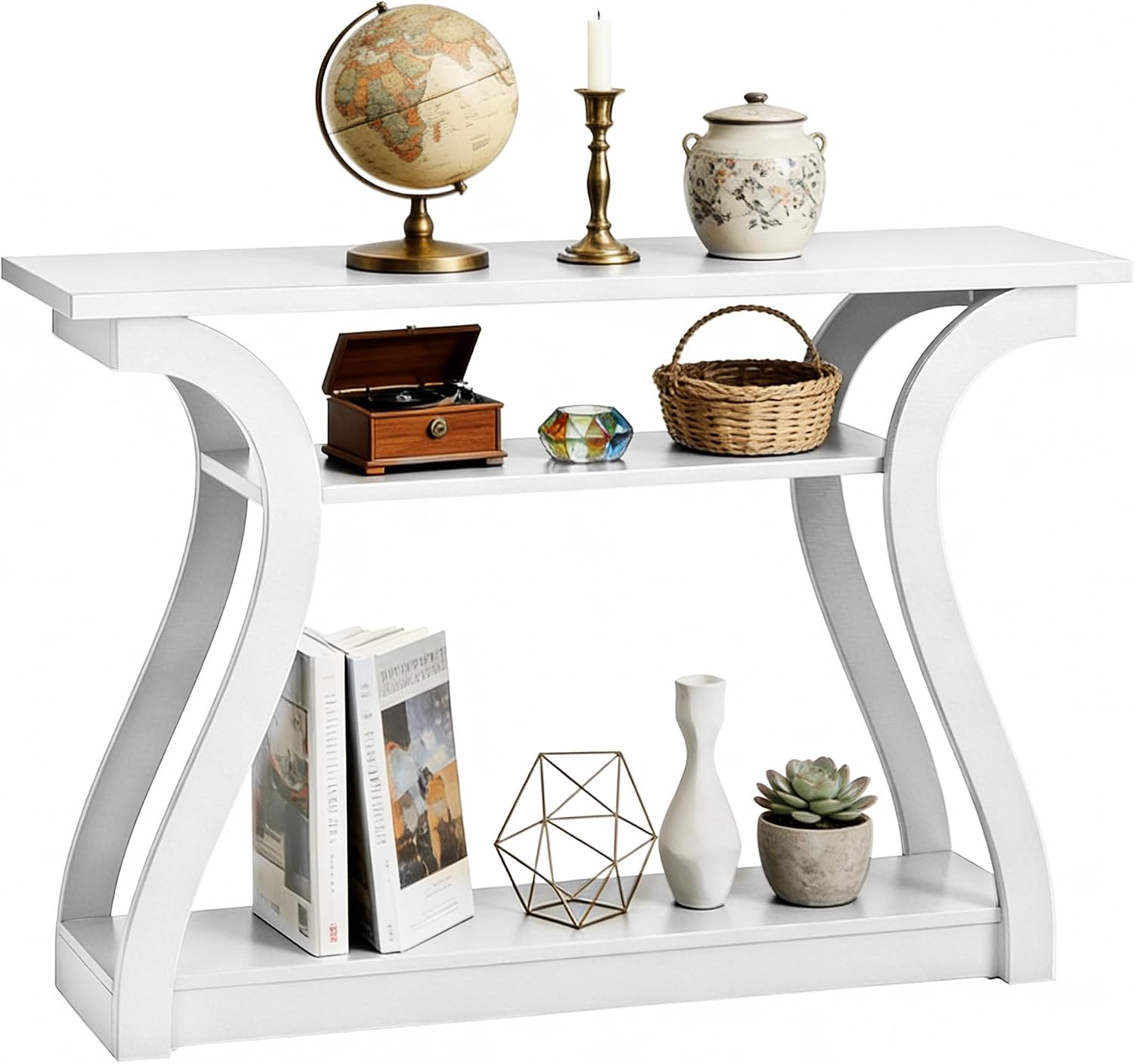 SUPER DEAL 47 in Narrow Console Table, 3 Tier Entryway Table, Wood Sofa Table Decorative Hallway Table with Shelves, Curved Frame for Living Room Front Door Entrance (White, Flat Surface)
