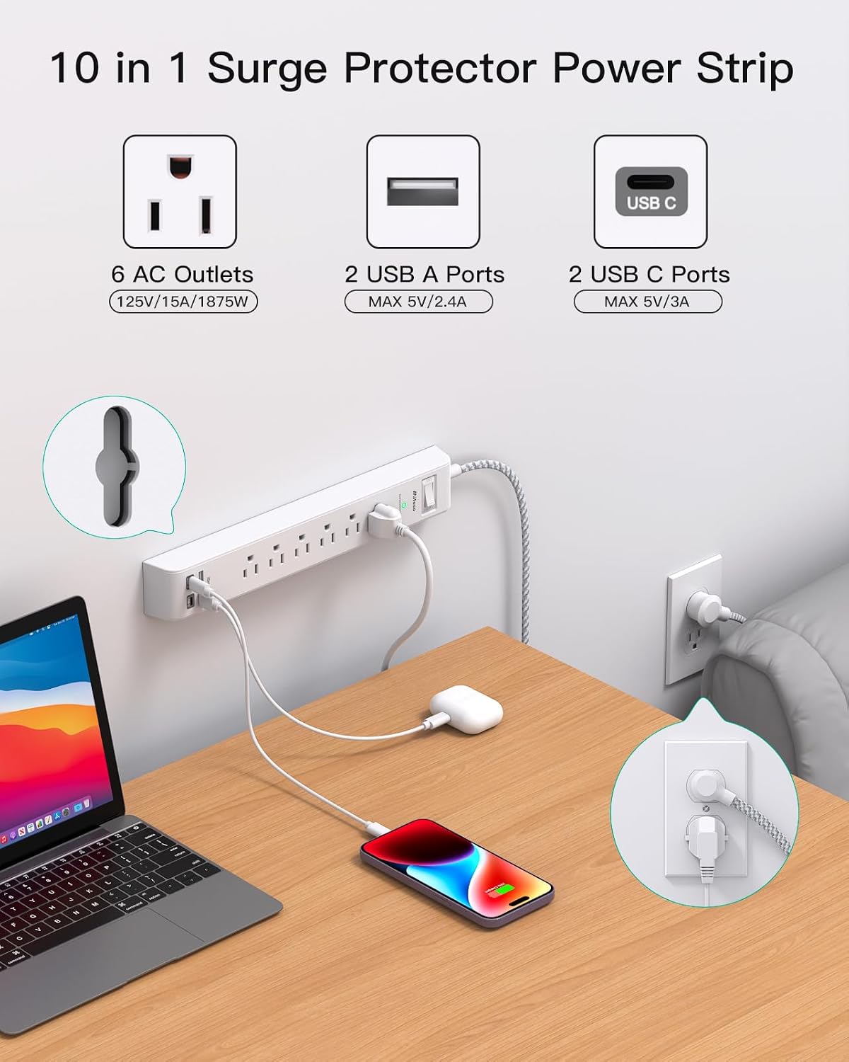 Mifaso 2 Pack Power Strip, 12FT Long Extension Cord, 1080J Surge Protector