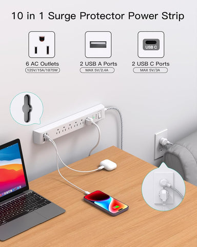 Mifaso 2 Pack Power Strip, 12FT Long Extension Cord, 1080J Surge Protector