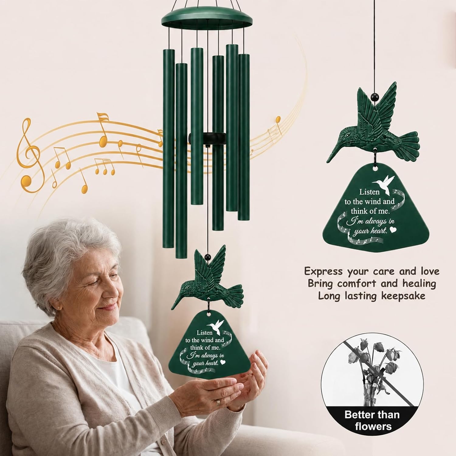 36" Memorial Wind Chimes for Outside, Sympathy Gift for Loss of Loved One, Hummingbird Wind Chime for Mom Dad, Bereavement Remembrance Funeral Condolence Gift（Forest Green）