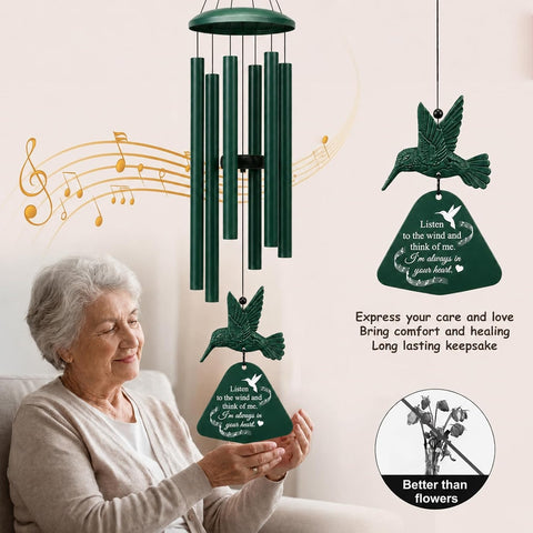 36" Memorial Wind Chimes for Outside, Sympathy Gift for Loss of Loved One, Hummingbird Wind Chime for Mom Dad, Bereavement Remembrance Funeral Condolence Gift（Forest Green）
