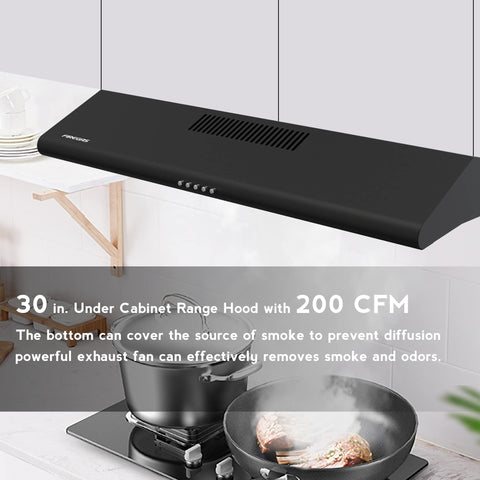 FIREGAS Black Under Cabinet Range Hood 30 inch, Slim Kitchen Over Stove Vent Hood, LED Light, 3 Speed Exhaust Fan, Push Button, Under Cabinet Mount 30 inch Range Hood,with Charcoal Filter