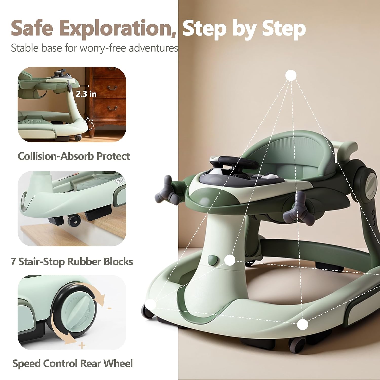 Kinder King 8-in-1 Baby Walker with Music & Lights, 3 Level Height Adjust