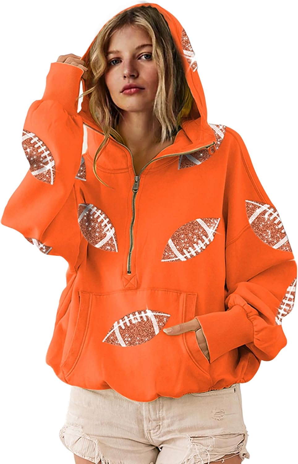 SeekMe Women Game Day Sweatshirt Sequin Football Hoodies Pullover Fall Top