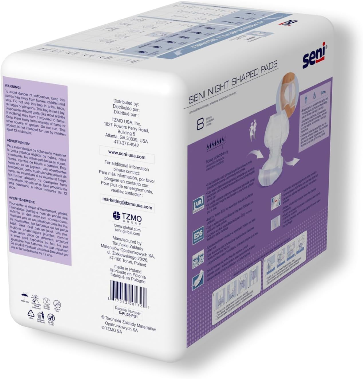 Seni Night Shaped Pads, Unisex, Length, Heavy Absorbency, 27 in, 8 ct