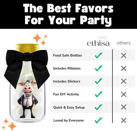 Ethisa Small 12 Pack Cow Party Favors - DIY Candy Jars with Ribbons and Stickers - Party Decoration Bottles for Birthday, Baby Shower - Holy Cow Print Table Centerpieces