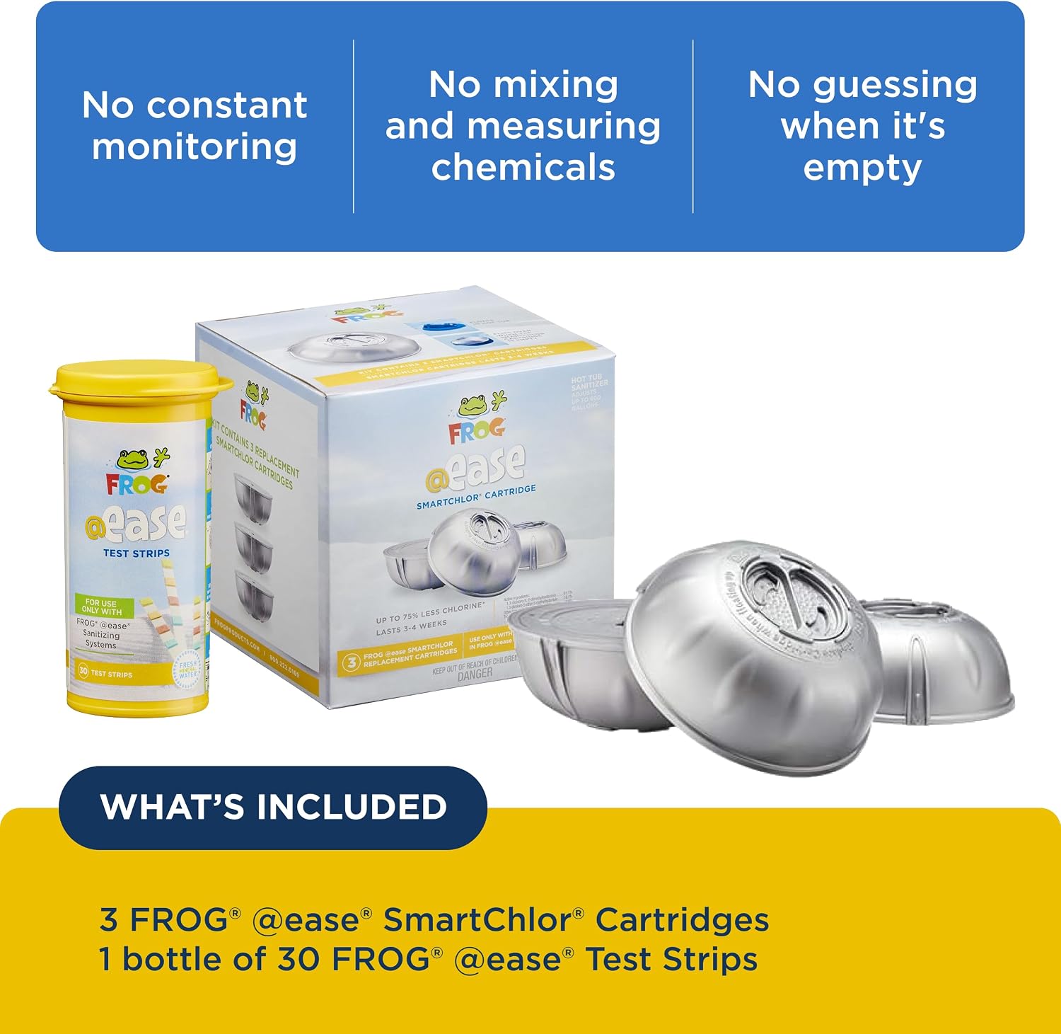 FROG @Ease Replacement SmartChlor Cartridge 3 Pack with 30 Test Strips for use with Hot Tub FROG @Ease Floating System - Hot Tub Sanitizer System Supports Less Chlorine Use