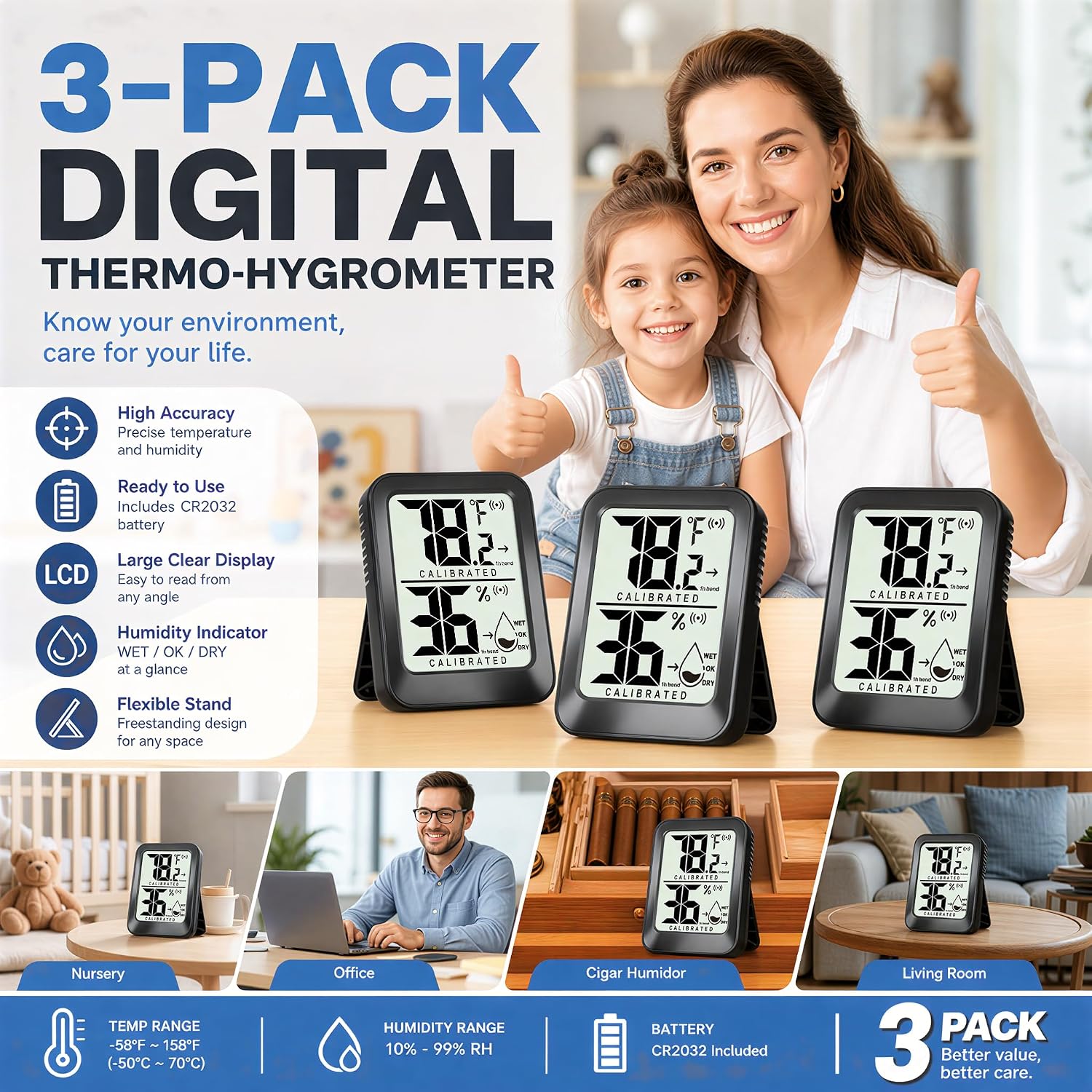 AyayaBoss 3 Pack Room Thermometer Indoor Hygrometer