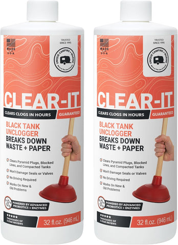 Unique Clear-It Liquid RV Black Tank Unclogger, 32 oz, 2-Pack