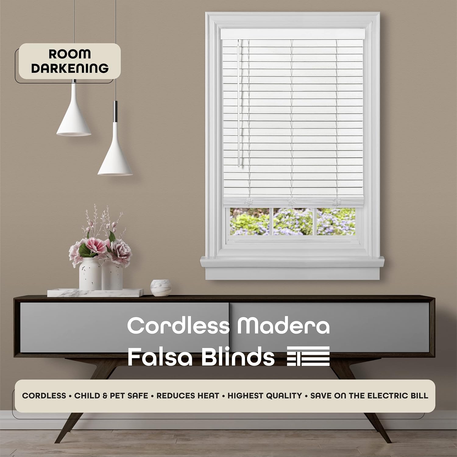 Cordless Room Darkening Plantation Blind, 35 x 64 in, White, Faux Wood