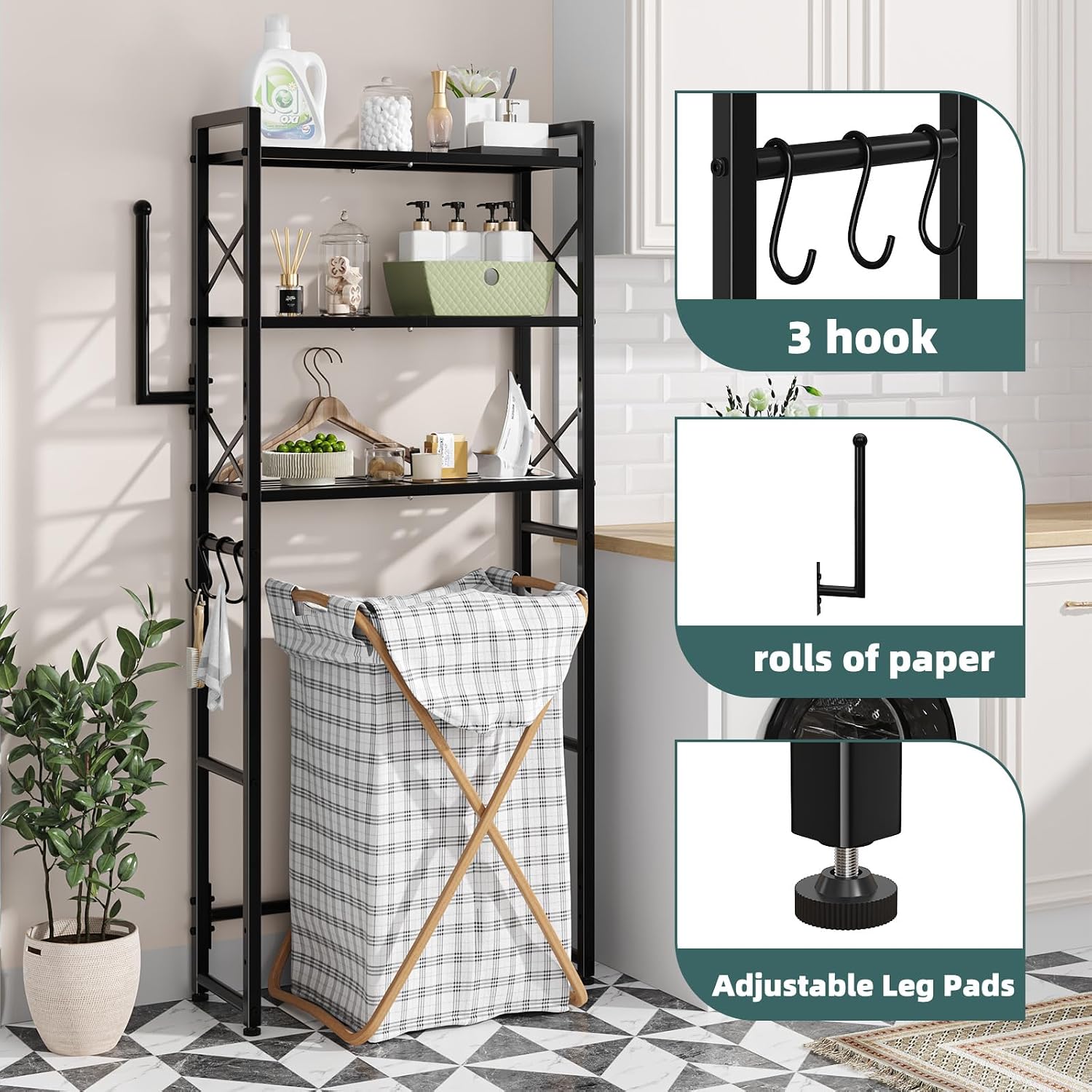 Simple Trending Over The Toilet Storage Rack with Toilet Paper Holder, Heavy Duty Metal 3 Tier Bathroom Organizer Shelf with 3 Hooks,Black
