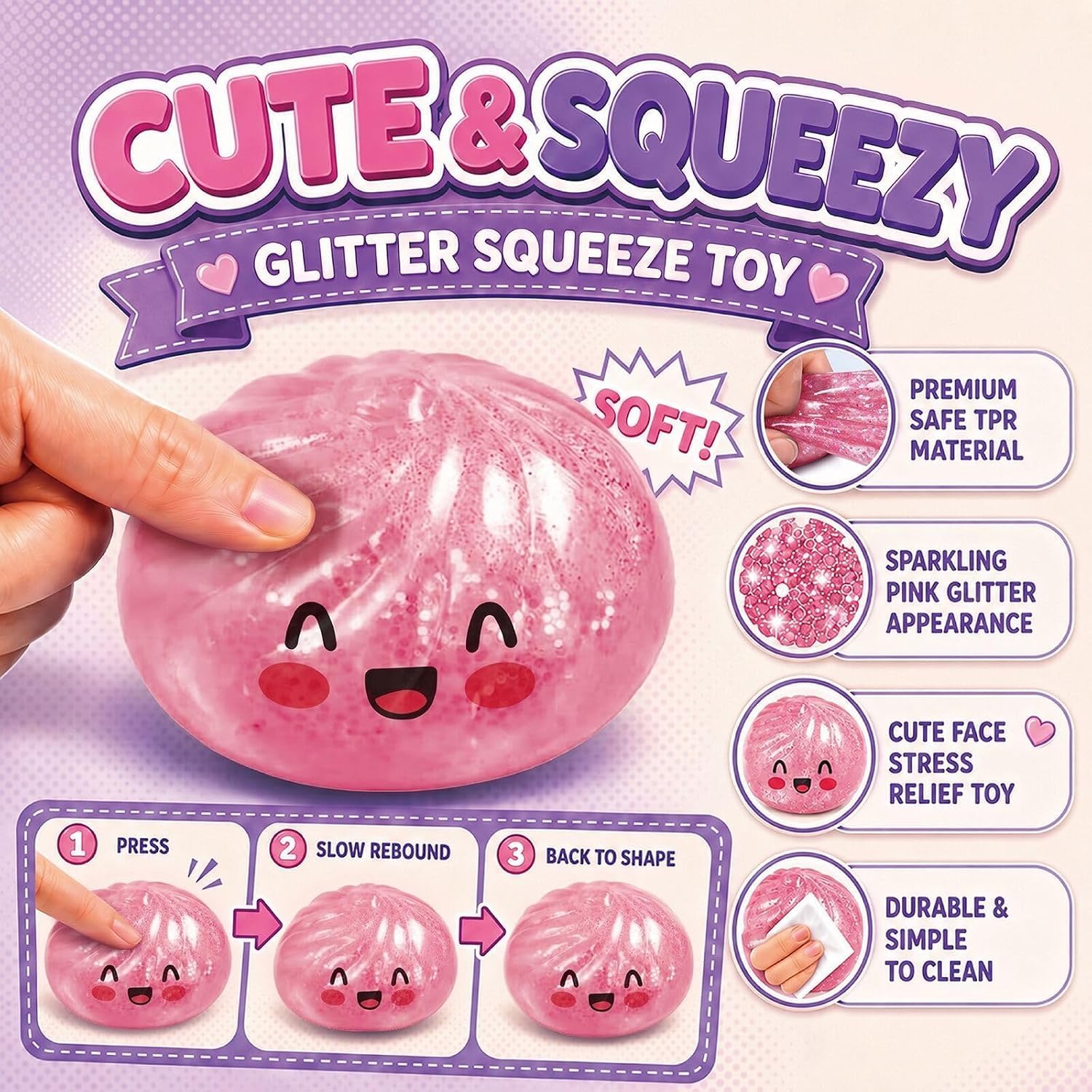 Squishy Mystery Box,Glitter Squeeze Ball with Slow-Rising Bounce, Solid TPR Fidget Pal for Daily Calm, Quiet Travel Buddy for Work Study Home, Sweet Treat Gift(1PCS)