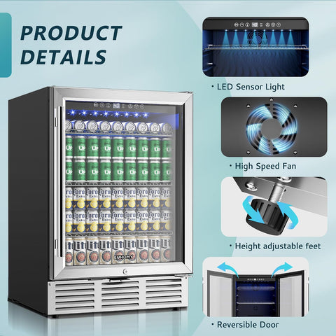 EUHOMY 24 Inch Beverage Refrigerator, 180 Can Under Counter Refrigerator