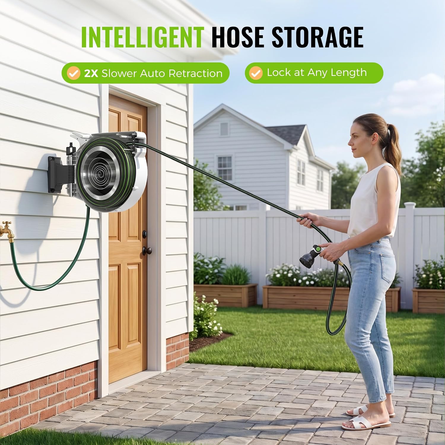 100ft Retractable Garden Hose Reel 1/2" with 10-Function Nozzle