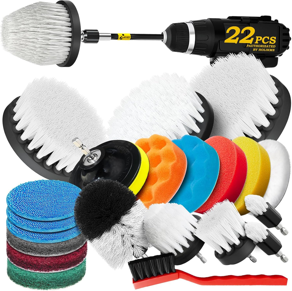 Holikme 22Pack Drill Brush Attachments Set, Scrub Pads & Sponge, Buffing Pads, Power Scrubber Brush, Car Polishing Pad Kit,Wax Applicator Pad,Car Cleaning Kit,Cleaning Supplies,Masonry Brushes,White