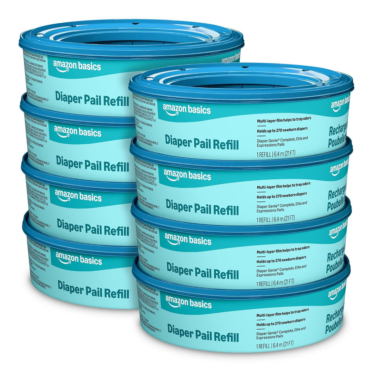 Amazon Basics Diaper Pail Refills for Genie Pails, Unscented, 2160 Count (8 Packs of 270) (Previously Mama Bear)
