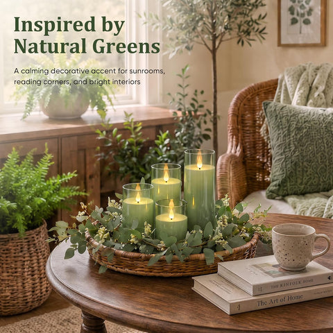 Homemory Sage Green Flameless Candles, Acrylic LED Pillar Candles with Remote Timer, Set of 5