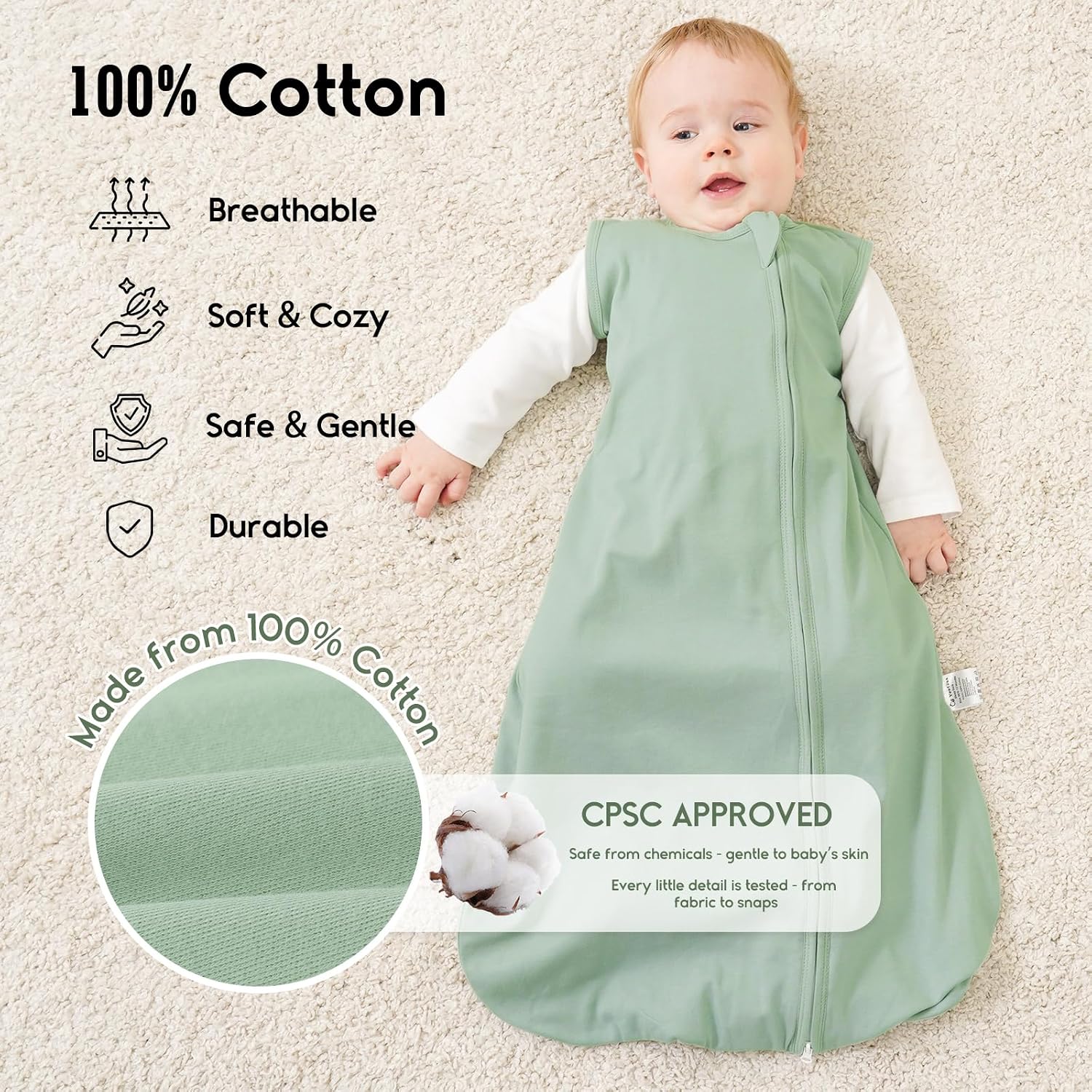 Yoofoss Baby Sleep Sack 6-12 Months TOG 1.0 2 Pack 100% Organic Cotton