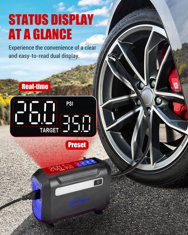 ROCGORLD R8 Tire Inflator Portable Air Compressor, DC 12V Air Compressor Portable with Large Dual Digital Screen, 3X Faster Inflation Air Pump for Car, Bike, Ball, Motor (Blue)