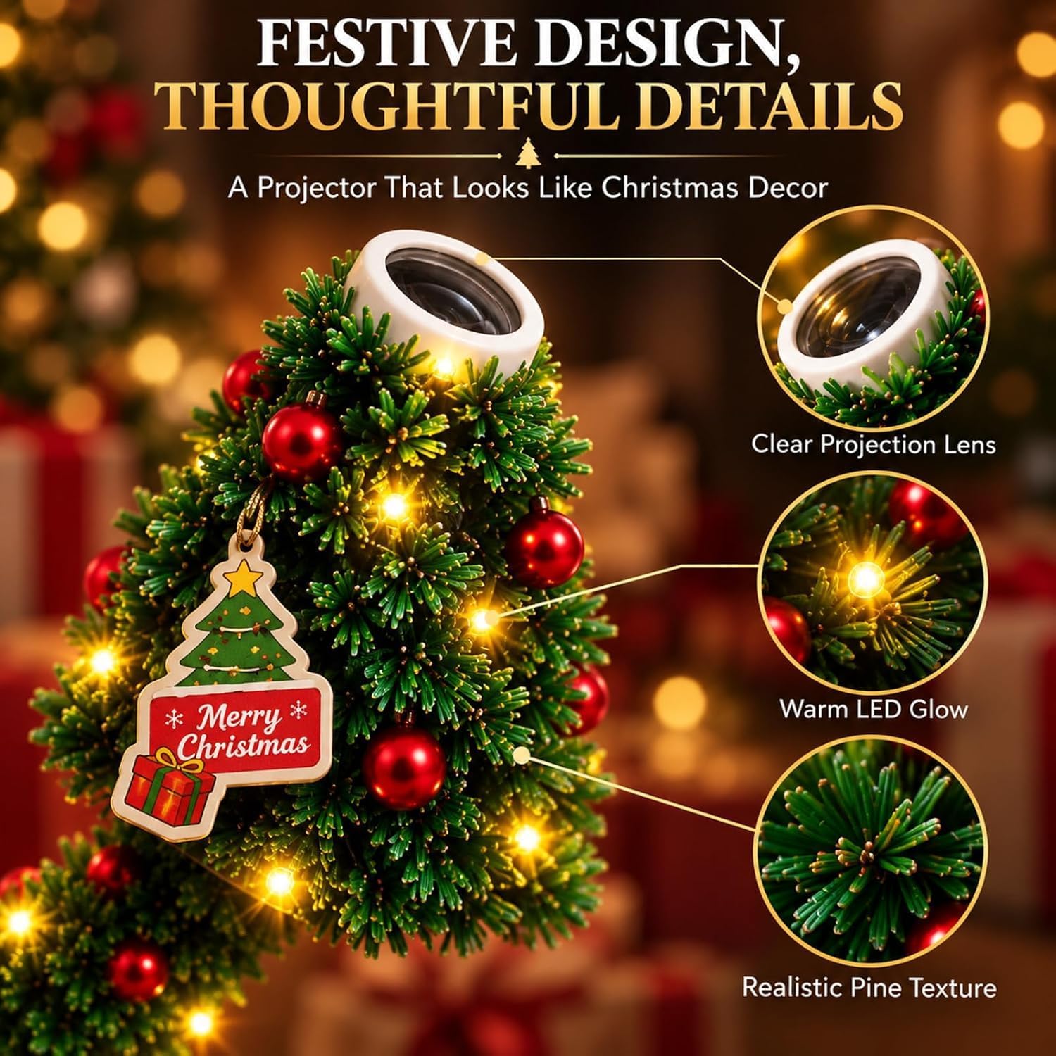 Christmas Projector Light, Plug and Play HD USB Christmas Tree Projector