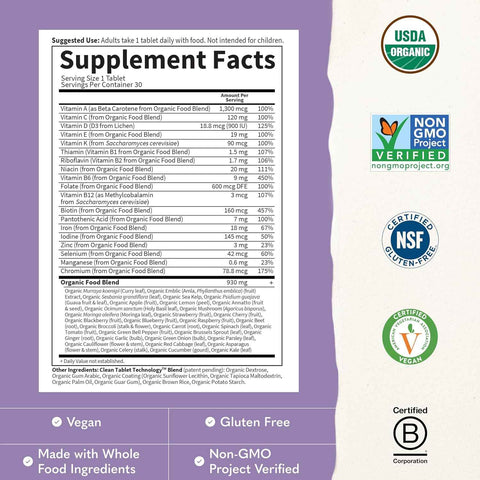 Garden of Life Organics Prenatal Once Daily with Folate, Vitamin C, B6, B12 & D3 – Prenatal Vitamins for Women with Energy Metabolism Support for Healthy Fetal Development, Non-GMO, Vegan, 30 Tablets