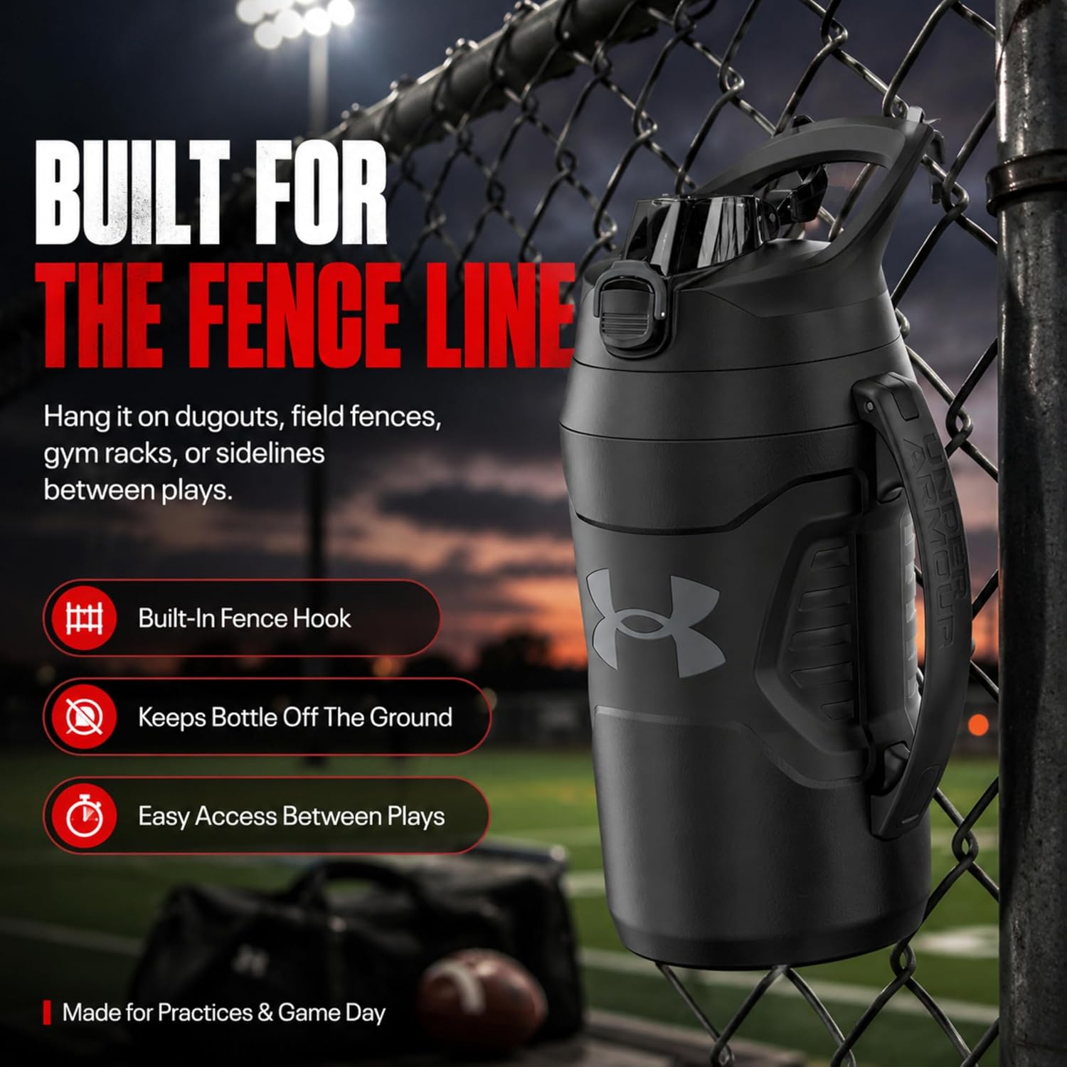 Under Armour Insulated Water Bottle with Handle & Fence Hook, Half Gallon Sports Water Jug, Leak-Resistant & BPA-Free for Baseball, Football & Gym - Black/Black, 64oz