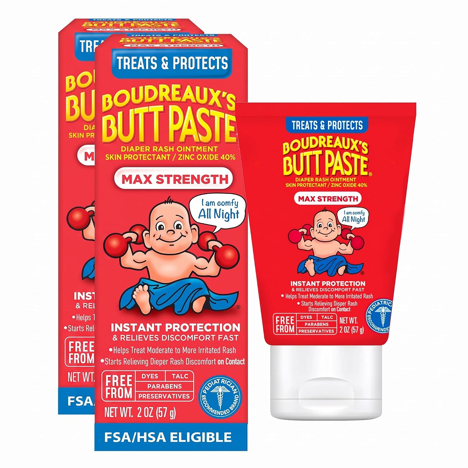 Boudreaux's Butt Paste Maximum Strength Diaper Rash Cream, Ointment for Baby, 2 oz Tube, 3 Pack