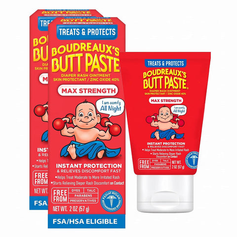 Boudreaux's Butt Paste Maximum Strength Diaper Rash Cream, Ointment for Baby, 2 oz Tube, 3 Pack
