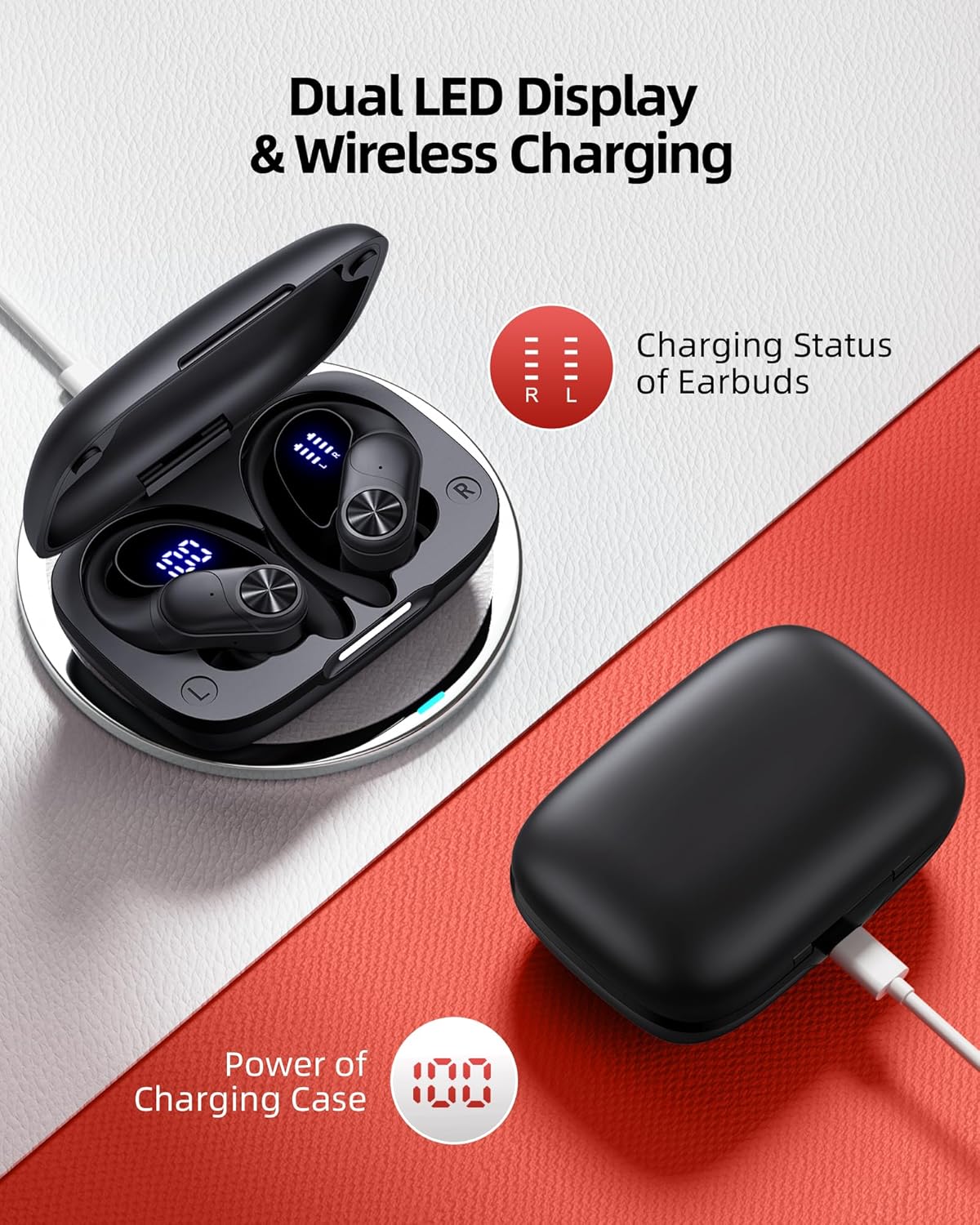 PocBuds Bluetooth Headphones Wireless Earbuds 80hrs Playtime Wireless Charging Case Digital Display Sports Ear Buds with Earhook Deep Bass IPX7 Waterproof Over-Ear Earphones for TV Phone Laptop Black