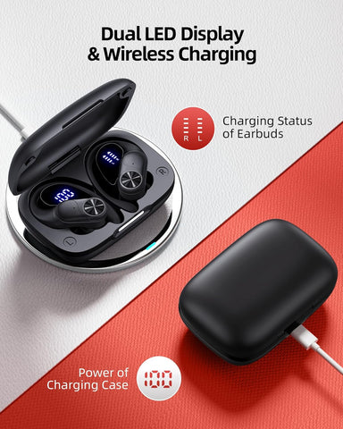 PocBuds Bluetooth Headphones Wireless Earbuds 80hrs Playtime Wireless Charging Case Digital Display Sports Ear Buds with Earhook Deep Bass IPX7 Waterproof Over-Ear Earphones for TV Phone Laptop Black