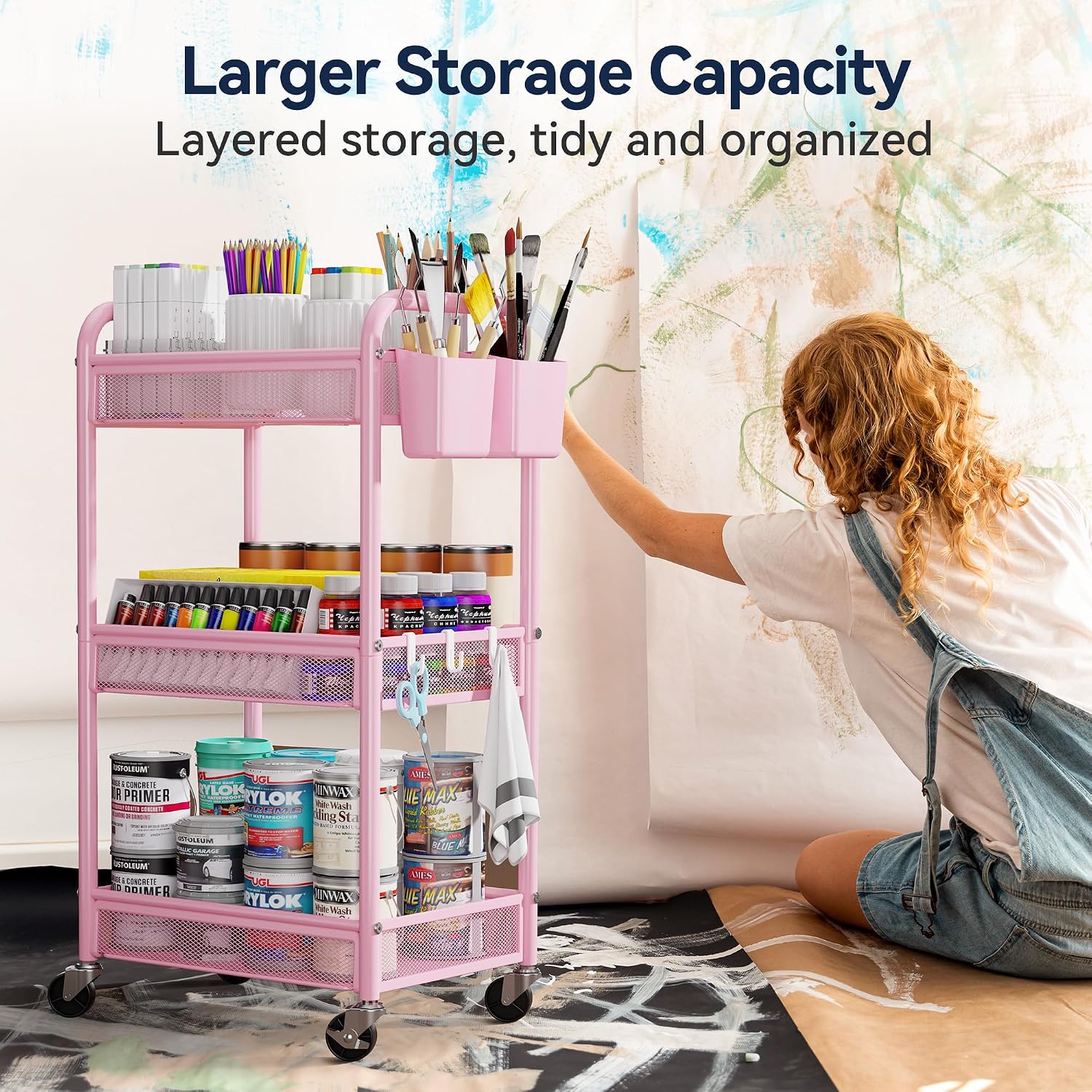 YASONIC 3 Tier Metal Rolling Cart, Pink Utility Storage Cart with Wheels