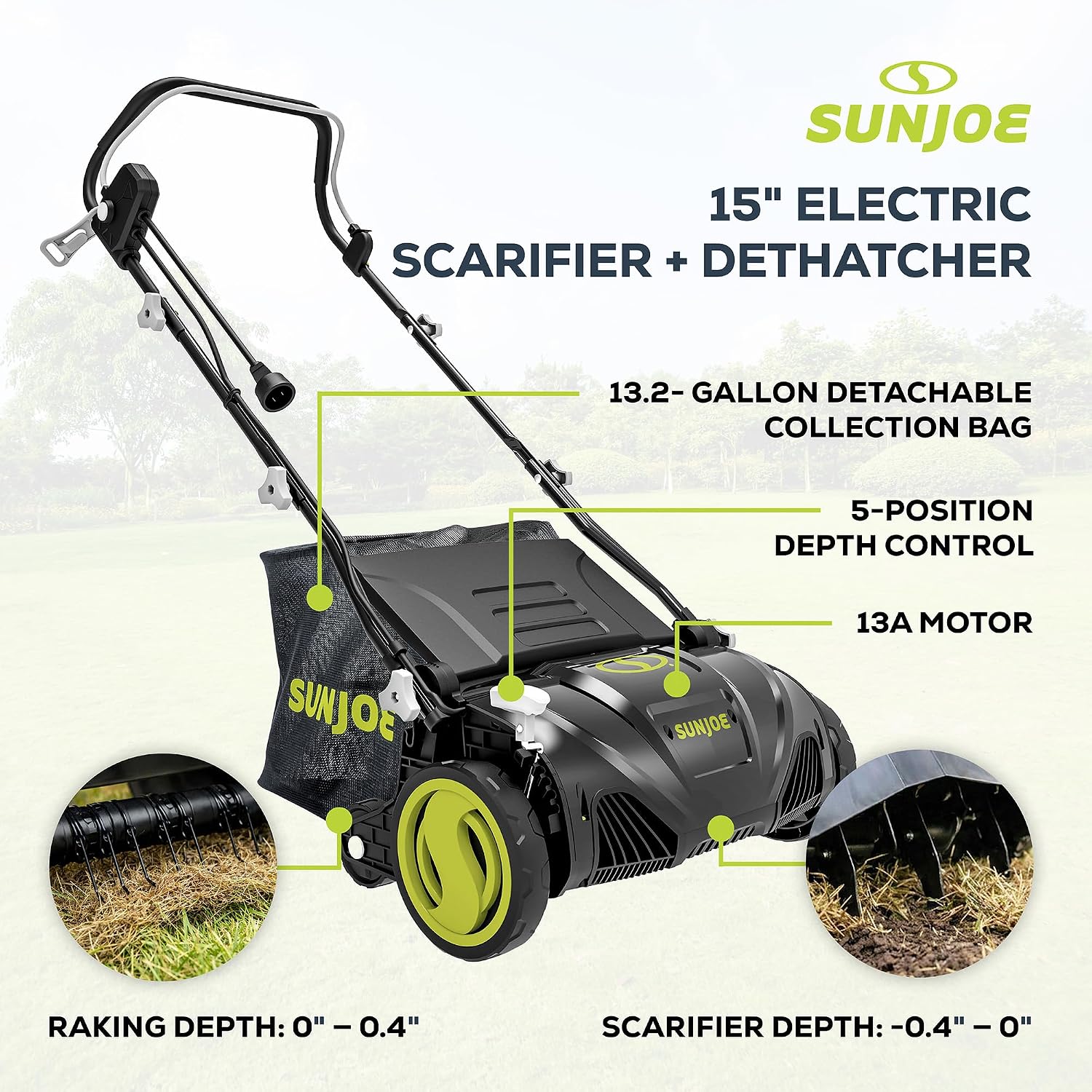 Sun Joe 15-Inch Lawn Dethatcher with Scarifier Blade Reel, AJ805E