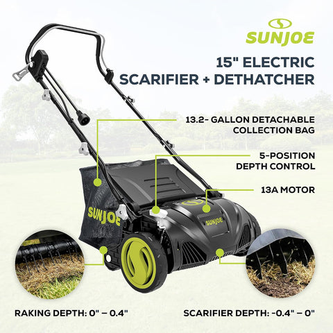 Sun Joe 15-Inch Lawn Dethatcher with Scarifier Blade Reel, AJ805E