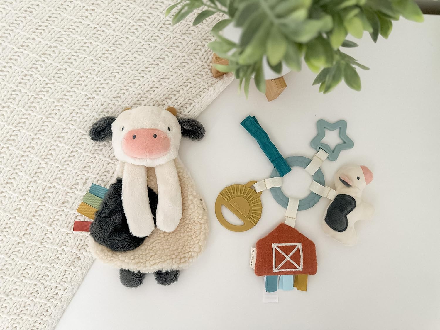 Itzy Ritzy Farm Toy Gift Set - Includes Cow Lovey & Farm-Themed Busy Ring