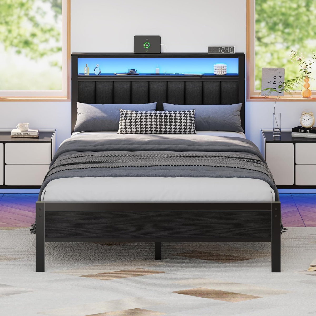 Furnulem Full Size Bed Frame with Charging Station and LED Lights