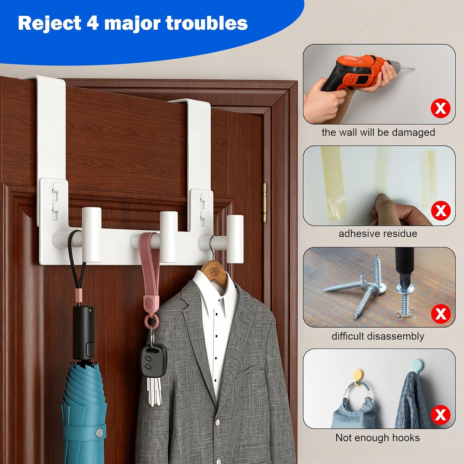 PMMASTO Door Hanger for 1-3/4 Inch Doors, White- 3 Hooks, T Shape