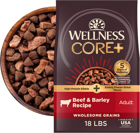 Wellness CORE+ Adult Dry Dog Food with Freeze Dried Pieces, Wholesome Grain Kibble+, Natural, High Protein, Beef and Barley Recipe, 18 lb Bag