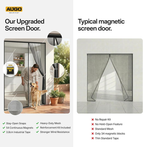 AUGO Magnetic Screen Door - Self Sealing, Heavy Duty, Hands Free Mesh Partition Keeps Bugs Out - Pet and Kid Friendly - Patent Pending Keep Open Feature - 74 Inch x 81 Inch