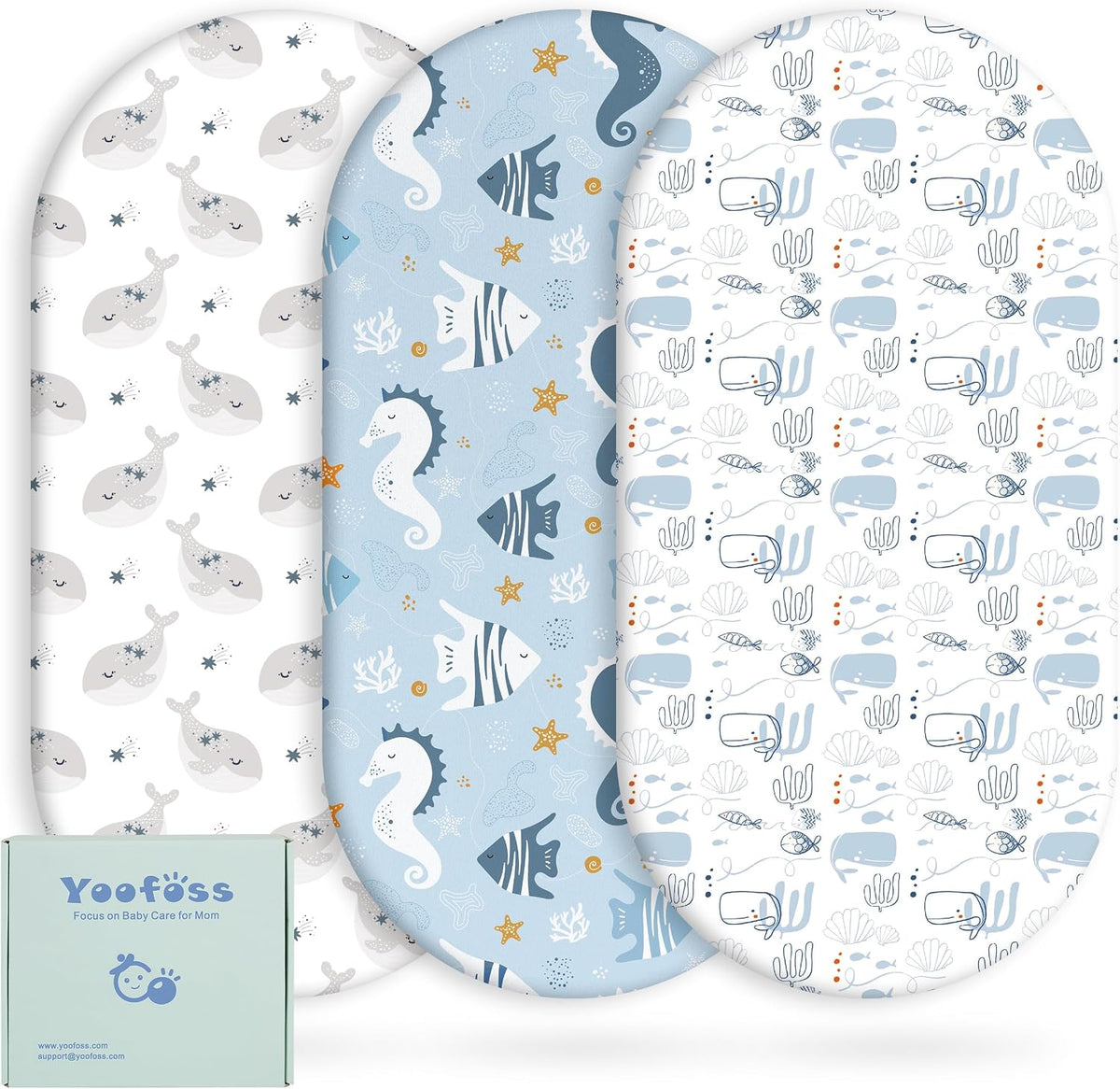 Yoofoss 3-Pack Bassinet Sheets for Boys Girls Universal Fit (Blue+Whale)