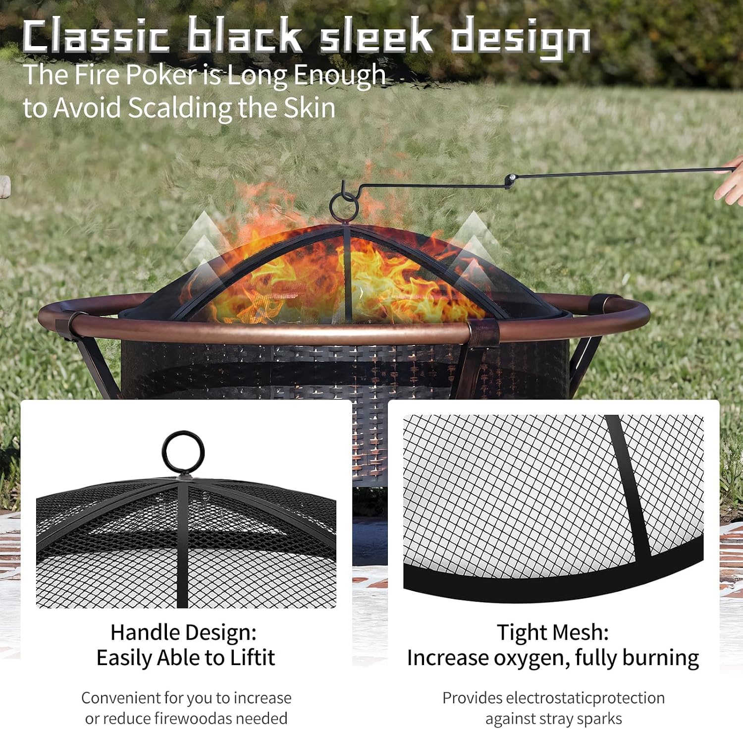 Fire Pit Spark Screen, Outdoor 36 Inch Round Fire Pit Screen with Foldable Hook and Marshmallow Sticks, Heavy Duty Steel Mesh Fire Pit Cover for Backyard, Beach, RV Camping