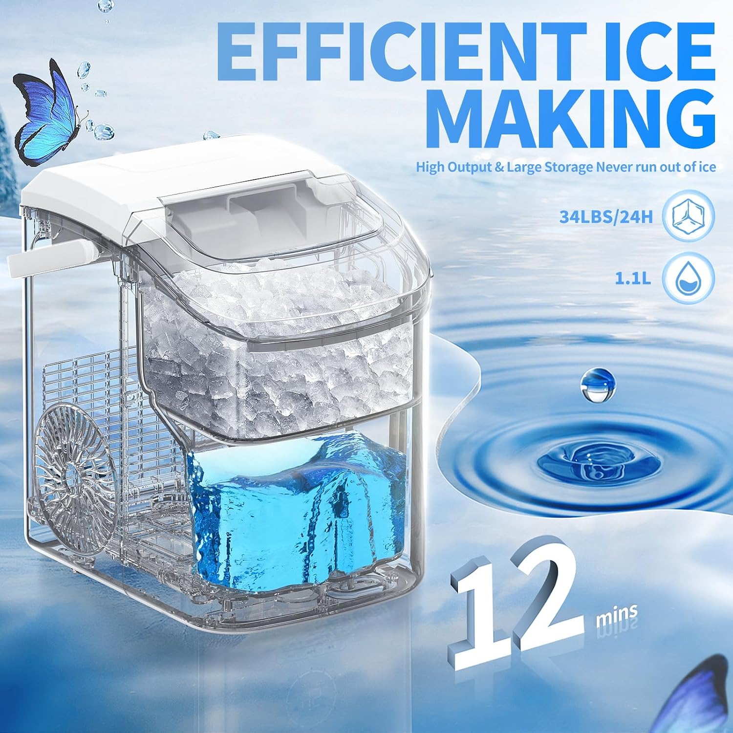 Nugget Countertop Ice Maker with Soft Chewable Pellet Ice, Automatic 34lbs in 24 Hours,Pebble Portable Ice Machine with Ice Scoop, Self-Cleaning, One-Click Operation, for Kitchen,Office White