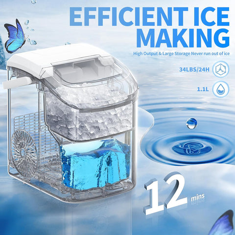 Nugget Countertop Ice Maker with Soft Chewable Pellet Ice, Automatic 34lbs in 24 Hours,Pebble Portable Ice Machine with Ice Scoop, Self-Cleaning, One-Click Operation, for Kitchen,Office White