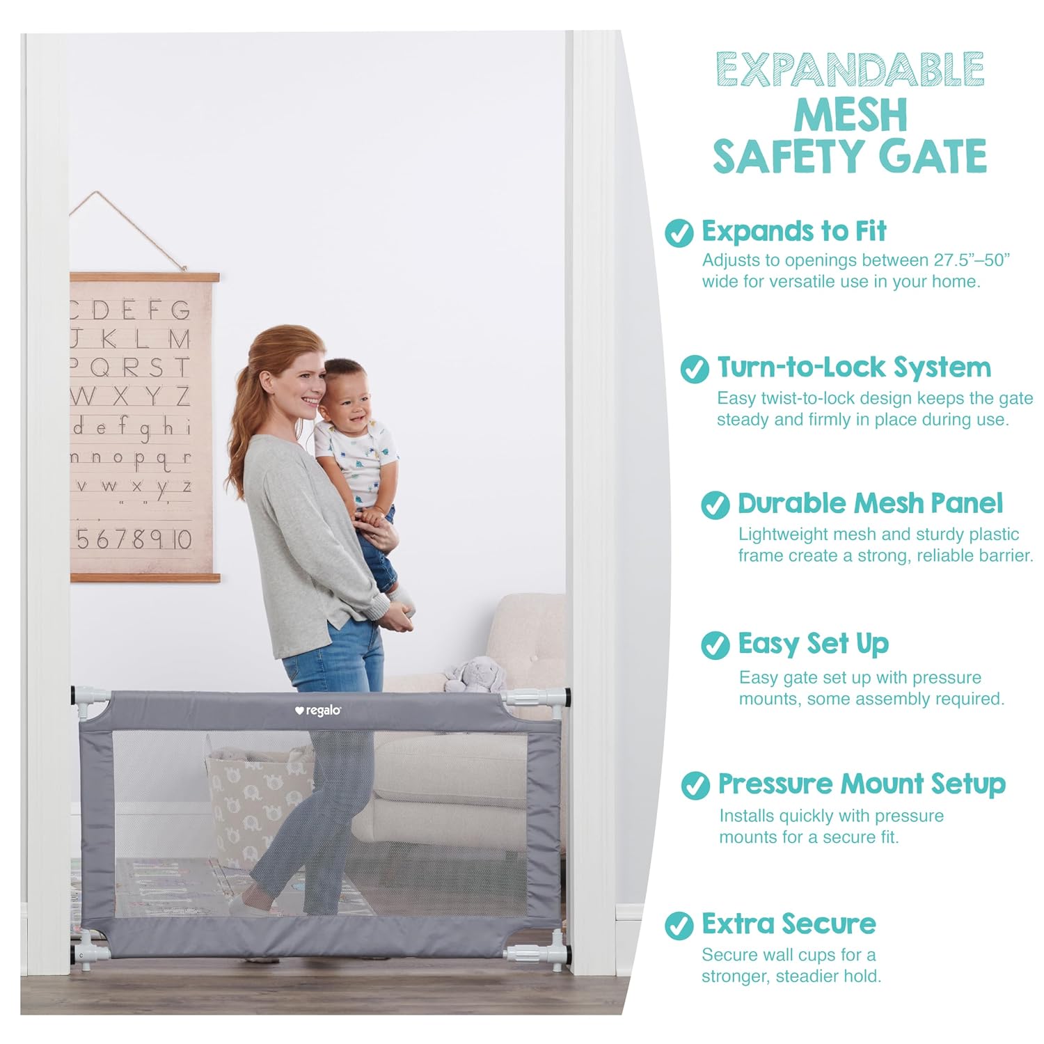 Regalo Safety 27.5"-50" Extra Wide Mesh Baby Gate, Doorways & Dooways