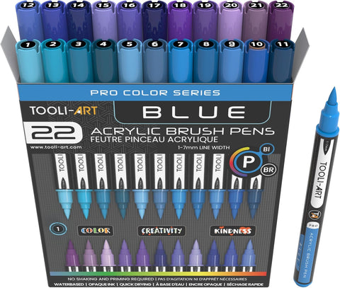 TOOLI-ART 22 Flexible Brush Tip Acrylic Paint Pens Markers Set 1-7mm Line for Rock Painting, Glass, Mugs, Wood, Metal, Canvas, Plastic. Non Toxic Waterbased Quick Drying Assorted Blue