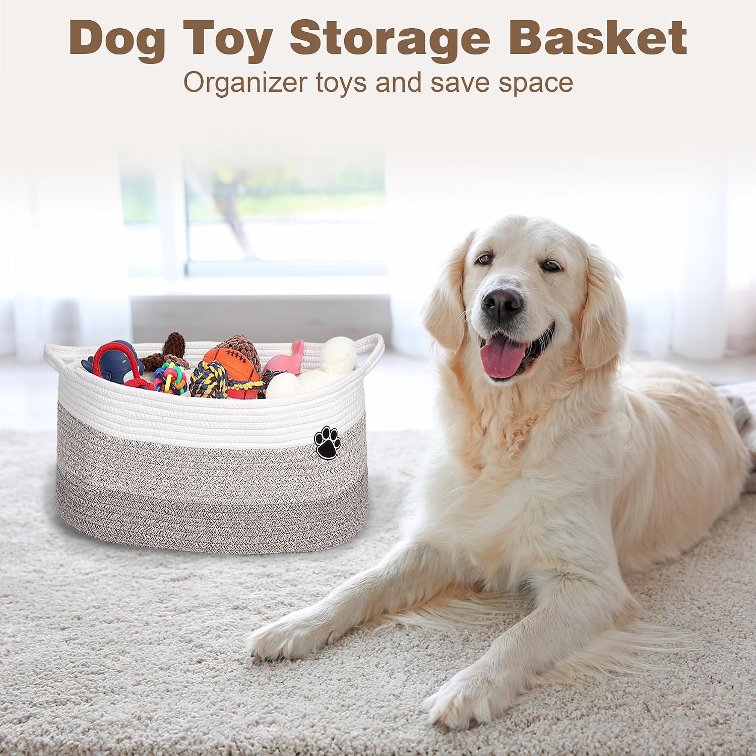 Optish 25L Medium Dog Toy Basket, Woven Rope Storage Basket, White-Brown