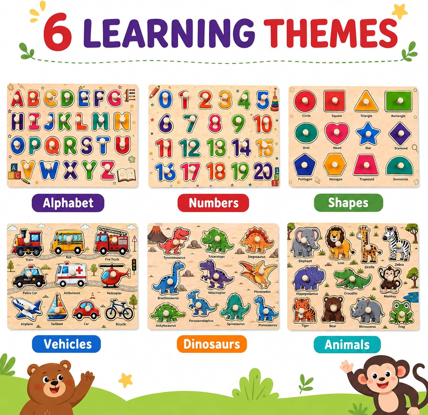 Wooden Peg Puzzles for Kids Ages 3-5, 6 Pack Large ABC Alphabet Number Shape Animal Dinosaur Vehicle Puzzle Set, Preschool Learning Toys, Montessori Educational Gifts for 3 4 5 Boys Girls