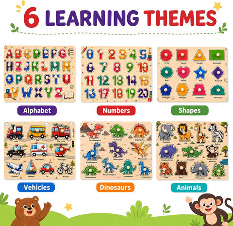 Wooden Peg Puzzles for Kids Ages 3-5, 6 Pack Large ABC Alphabet Number Shape Animal Dinosaur Vehicle Puzzle Set, Preschool Learning Toys, Montessori Educational Gifts for 3 4 5 Boys Girls