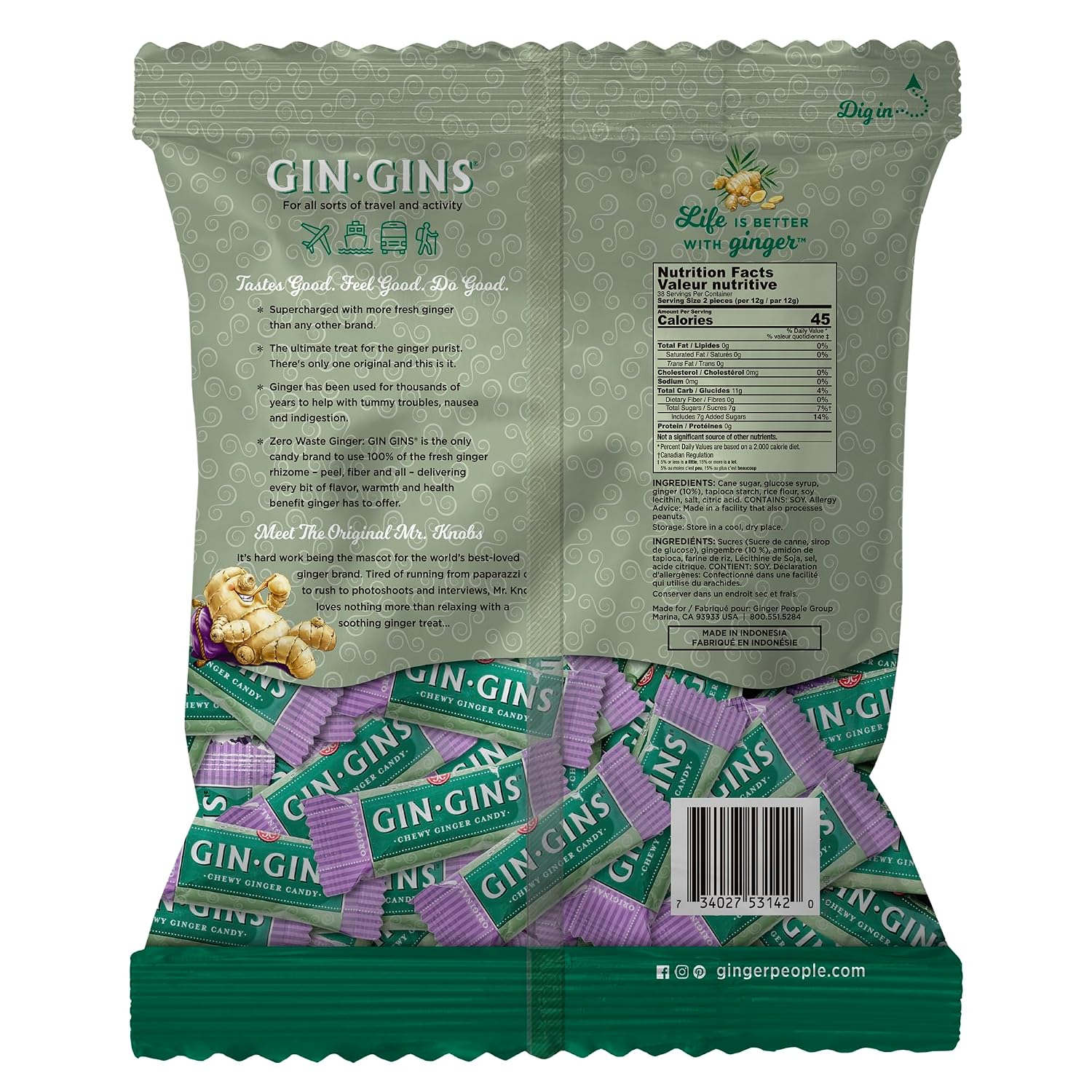 GIN GINS Original Ginger Chews Made w/Fresh Ginger 1lb 1Pk
